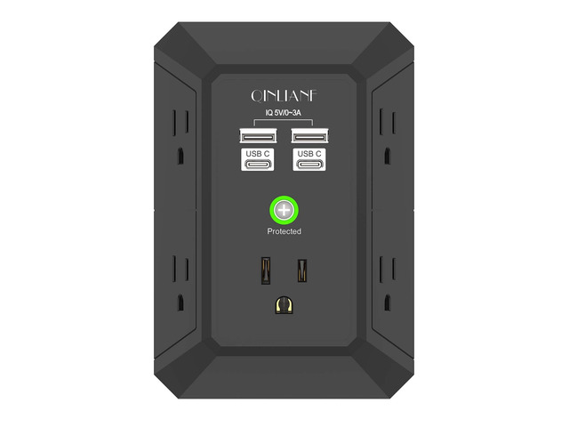 Surge Protector, 5 Outlet Extender with 4 USB Ports(2USB-C) 1680 Joules, 3-Sided Power Strip, Multi Plug Wall Outlet Adapter Spaced for Home, Black