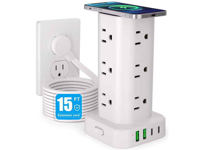 Power Strip Tower with Wireless Charger,Surge Protector with 12 Outlets 15FT Extension Cord,15W Wireless Charging Power Tower with 4 USB Ports,...