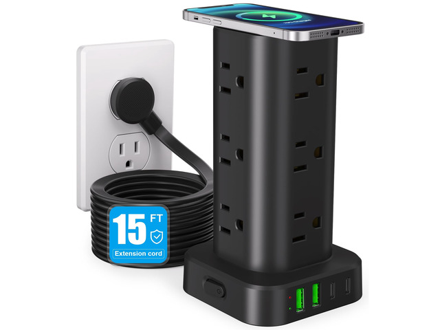 Power Strip Tower with Wireless Charger,Surge Protector with 12 Outlets 15FT Extension Cord,15W Wireless Charging Power Tower with 4 USB Ports,...