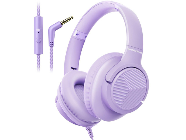 Headphones Wired with Microphone for School, 3.5mm Corded Headphone, Purple Wired Over Ear Foldable Plug in Headphones, 4.9ft Tangle-Free Nylon...