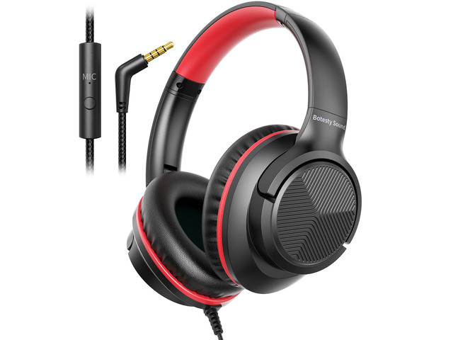 Wired Headphones with Microphone for School, 3.5mm Headphones, Black Red Wired Over Ear Foldable Plug in Headphones, 4.9ft Tangle-Free Nylon Cord...