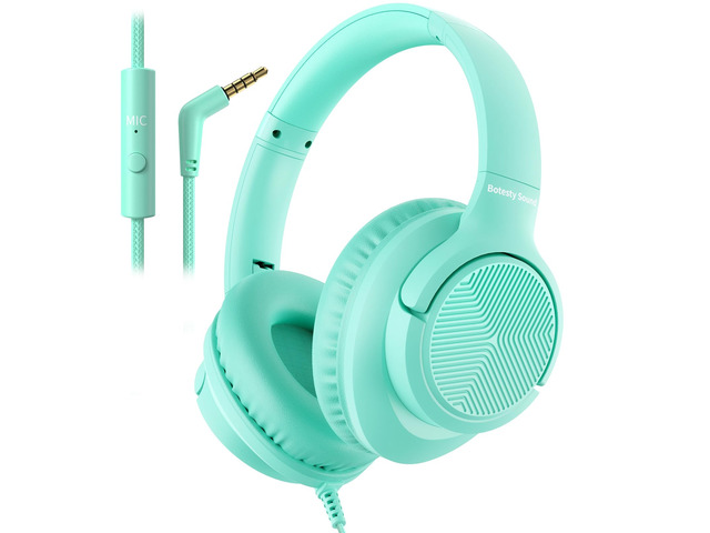 Headphones Wired with Microphone for School, 3.5mm Corded Headphones, Green Wired Over Ear Foldable Plug in Headphones, 4.9ft Tangle-Free Nylon...