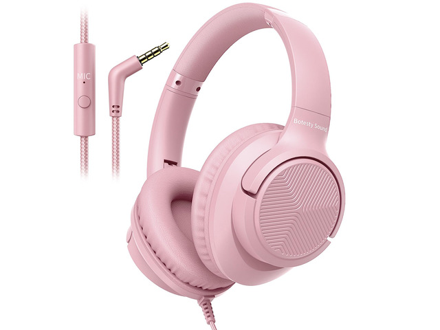 Wired Headphones with Microphone for School, 3.5mm Corded Headphones, Pink Wired Over Ear Foldable Plug in Headphones, 4.9ft Tangle-Free Nylon Cord...