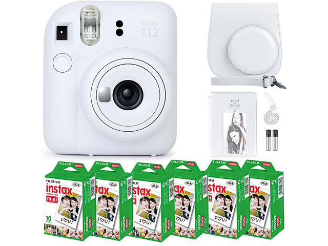 Instax Mini 12 Instant Camera Clay White & 60 Fuji Film Sheets Bundle with Sturdy Tiger Accessories, Carrying Case and 64-Pocket Photo Album
