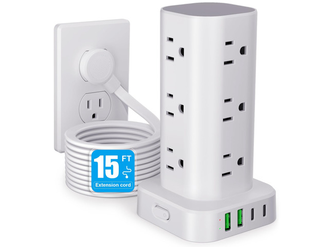 15FT Power Strip Tower Surge Protector, 12 Wide Spaced Outlets, 4 USB 16-in-1 Desktop Charging Station with 2USB-C,2USB-A, Flat Plug, 15FT Cord,...
