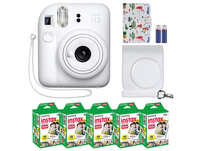 Instax Mini 12 Instant Camera + MiniMate Accessory Bundle & Compatible Custom Case + Fuji Instax Film Value Pack (50 Sheets) Flamingo Designer...