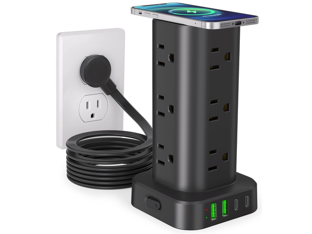 Power Strip Tower with Wireless Charger,Surge Protector with 12 Outlets 10FT Extension Cord,15W Wireless Charging Power Tower with 4 USB Ports,...