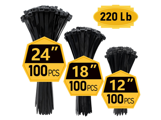 Zip Ties, Zip Ties Heavy Duty, Assorted Sizes (12'+18'+24')-300 Pack, Cable ties, Large Zipties Heavy Duty Black, Wire Ties with 220 lb Tensile...