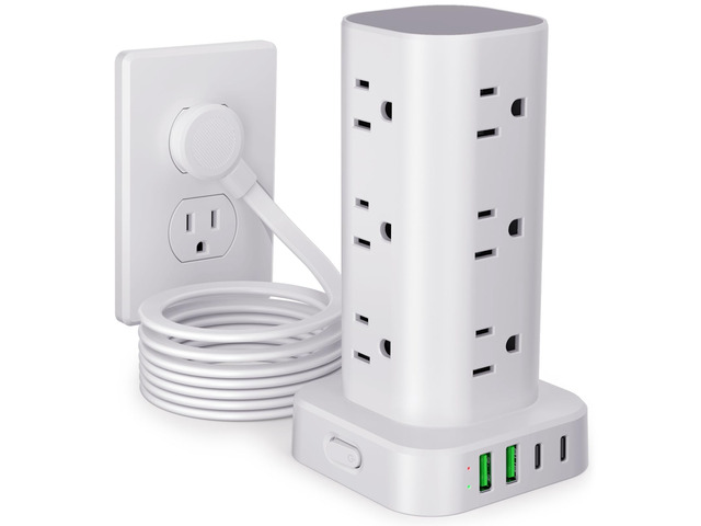 10FT Power Strip Tower Surge Protector, 12 Wide Spaced Outlets, 4 USB 16-in-1 Desktop Charging Station with 2USB-C,2USB-A, Flat Plug, 10FT Cord,...