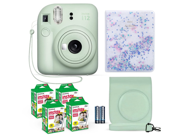 Instax Mini 12 Instant Camera Mint Green + Fuji Film Value Pack (40 Sheets) + Shutter Accessories Bundle, Incl. Compatible Carrying Case, Quicksand...