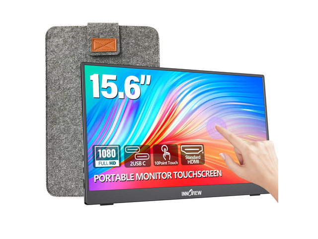15.6' Portable Monitor 60Hz Touchscreen 1080P 10-Point Touch Screen Monitor Portable with Protective Sleeve Built-in Stand, 1200:1 HDMI USB C...