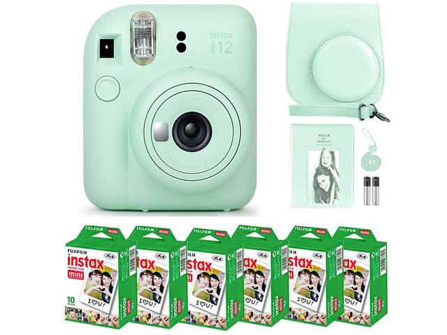 Instax Mini 12 Instant Camera Mint Green & 60 Fuji Film Sheets Bundle with Sturdy Tiger Accessories, Carrying Case and 64-Pocket Photo Album