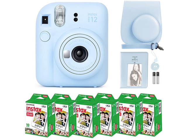 Instax Mini 12 Instant Camera Pastel Blue & 60 Fuji Film Sheets Bundle with Sturdy Tiger Accessories, Carrying Case and 64-Pocket Photo Album