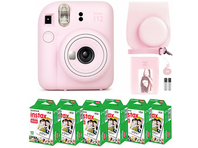 Instax Mini 12 Instant Camera Blossom Pink & 60 Fuji Film Sheets Bundle with Sturdy Tiger Accessories, Carrying Case and 64-Pocket Photo Album