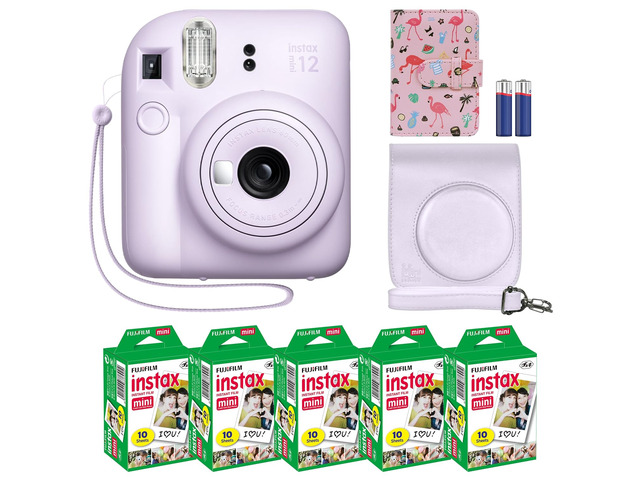 Instax Mini 12 Instant Camera + MiniMate Accessory Bundle & Compatible Custom Case + Fuji Instax Film Value Pack (50 Sheets) Flamingo Designer...