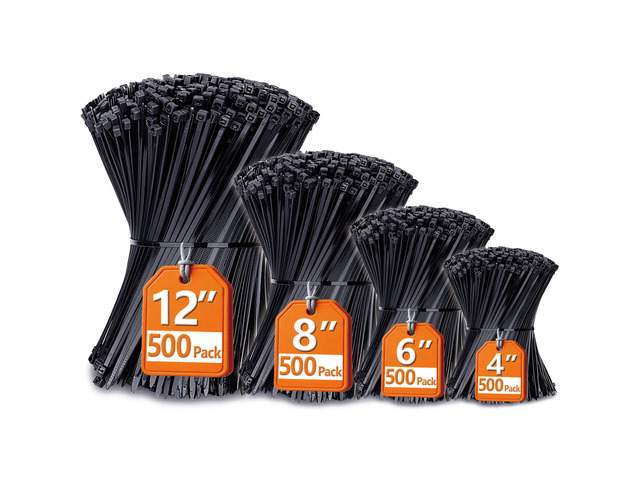 Zip Ties Assorted Sizes(4+6+8+12), 2000 Pack, Black Cable Ties, UV Resistant Wire Ties by