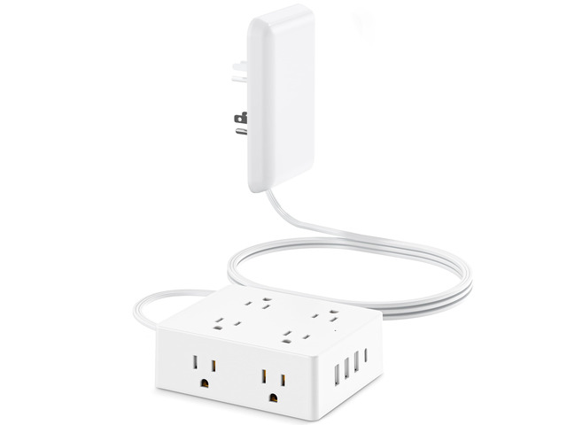 Flat Extension Cord with Outlet Cover, Flat Plug Power Strip with 8 Outlets and 4 USB Ports, 5 FT Cord Hidden Outlet Extender for Tight Spaces