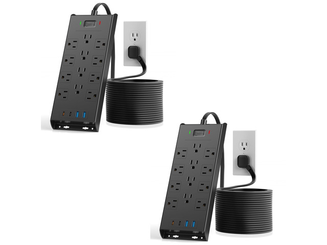 Surge Protector Power Strip 4800J, 10Ft Long Extension Cord Flat Plug, 12 Outlets 2 USB C 2 USB Ports, Wall Mountable, Desk Charging Station,...