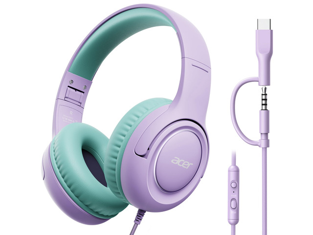 Kids Headphones for School, USB-C-3.5mm Dongle, w/Mic HK03 Foldable Wired Over Ear Headphones, for Toddler School/Tablet/iPad/PC/Travel, Purple-Green