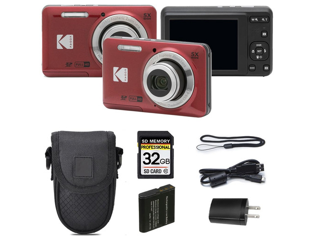 PIXPRO FZ55 Digital Camera, Red, 16MP Compact Point & Shoot 5X Optical Zoom, 28mm Wide Angle Lens, 1080P Full HD Video, Camera Case & 32GB SD Card