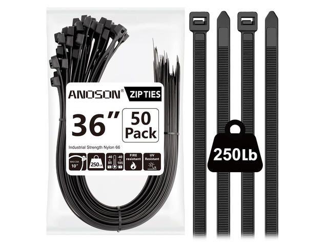 Large Zip Ties 36 inch (50 Pack), Long Zip Ties Heavy Duty with 250 lb Tensile Strength, Big Cable Ties, Black, by