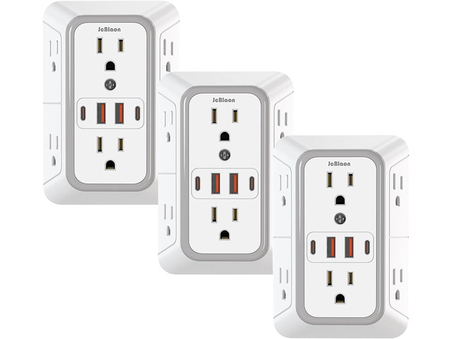 3 Pack Surge Protector Outlet Extender, 6 Outlet Splitter with 4 USB Ports (2 USB C), Multi Plug Wall Outlet 1050J Power Strip, USB Wall Charger...