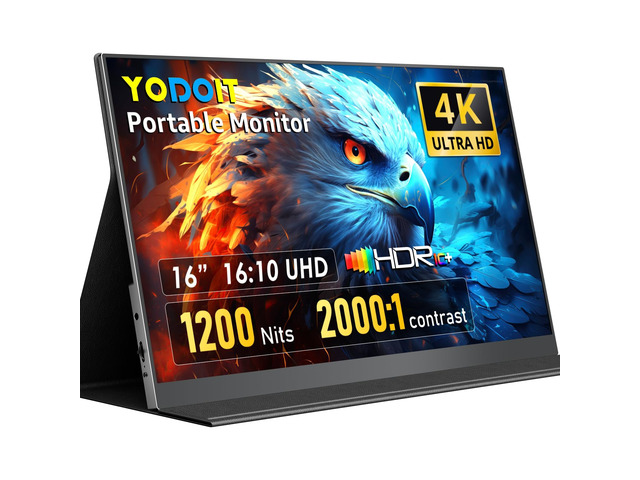4K Portable Monitor, 16' 3840×2400 UHD IPS Travel Screen 1200nit Sunlight-Readable with 145% sRGB, 2000:1 Contrast for Photo Editing Outdoor Work...