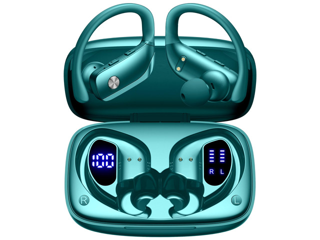 Ear Buds Wireless Earbuds Bluetooth Headphones with 80H Playtime LED Display Case, Over-Ear Hook with Mic, Stereo Sound, Easy Button Controls,...