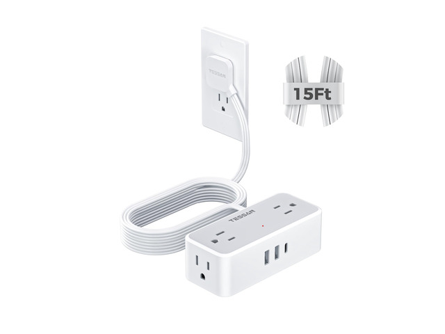 Extension Cord 15 FT, Power Strip with 900J Surge Protection, Grey 4 AC Outlets 1 USB C and 2 USB A Ports, Flat Plug, Multiple Wall Outlet Extender...
