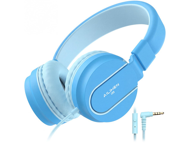 I35 Kids Headphones for School with Mic, 93dB Safe Volume, Lakeblue Wired On Ear Headphones for Girls Boys, 3.5mm Foldable Lightweight for...