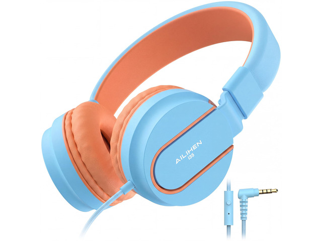 I35 Kids Headphones for School with Mic, 93dB Safe Volume, Blue Pop Wired On Ear Headphones for Girls Boys, Foldable Lightweight Headphone for...