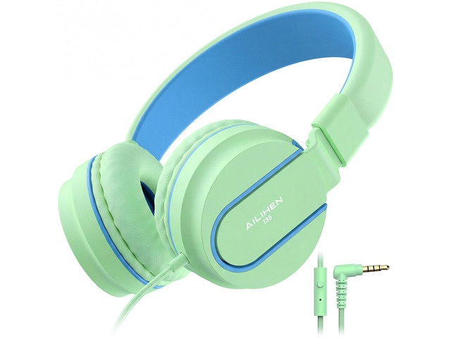 I35 Kids Headphones for School with Mic, 93dB Safe Volume, Green Wired On Ear Headphones for Kids Girls, Foldable Lightweight Headphone for...