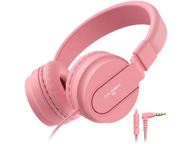 I35 Kids Headphones for School with Mic, 93dB Volume Limited, Pink Wired On Ear Headphones for Kids Girls, Foldable Lightweight Headphone for...