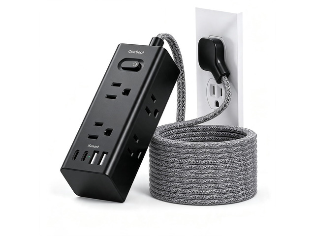 Extension Cord 10Ft, Flat Surge Protector Power Strip 10 Ft Long Cord,Black 6 Widely Outlets 4 USB Ports (2 USB C), 10ft Extension Cord Wall Outlet...