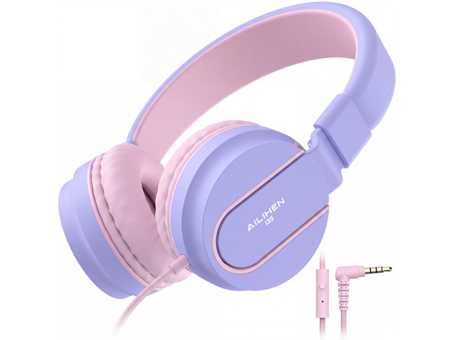 I35 Kids Headphones for School with Mic, 93dB Safe Volume, Lilac Wired On Ear Headphones for Kids Girls, Foldable Lightweight Headphone for...
