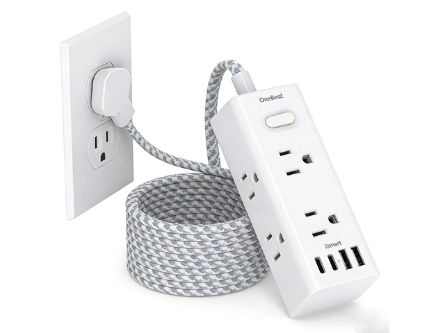 10Ft Flat Extension Cord with Multiple Outlets, Surge Protector Power Strip Flat Plug Power Strip with 6 Outlets 4 USB Ports (2 USB C), Desk...