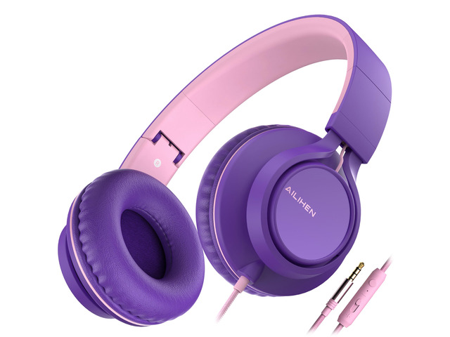 Kids Wired Headphones with Mic for School Girls Women, 3.5mm, Purple Pink On Ear Headsets and Volume Control Foldable, Corded Computer Chromebook...