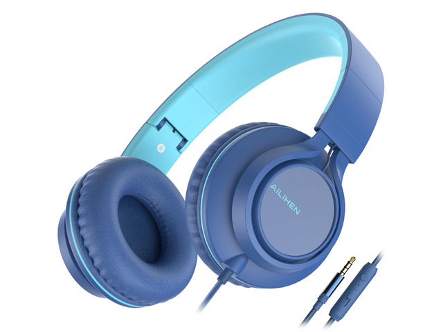 Wired Headphones with Mic for School Kids Boys Girls Teen 3.5mm Jack, Blue On-Ear Headsets with Volume Control, Corded Foldable for Smartphones...