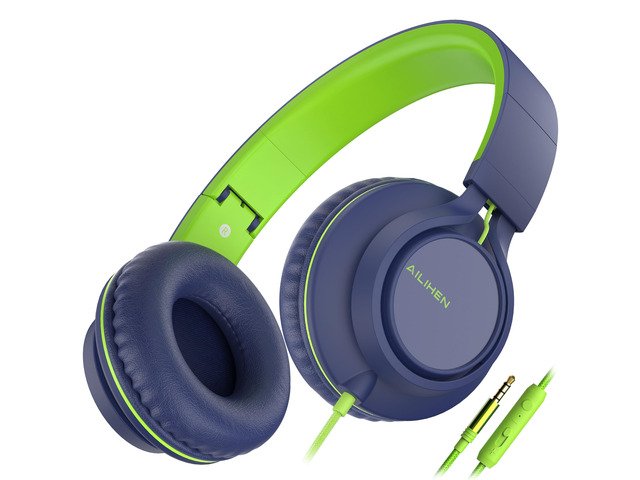 Wired Headphones with Mic for School Kids Boys Girls Teen 3.5mm, BlueGreen On-Ear Headsets with Volume Control, Corded Foldable for Smartphones...