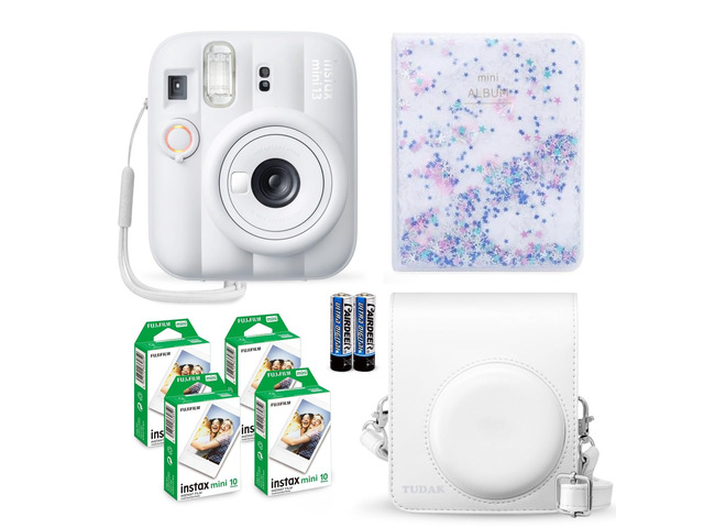 Instax Mini 13 Instant Camera Clay White + Fuji Film Value Pack (40 Sheets) + Tudak Accessories Bundle, Incl. Compatible Carrying Case, Quicksand...