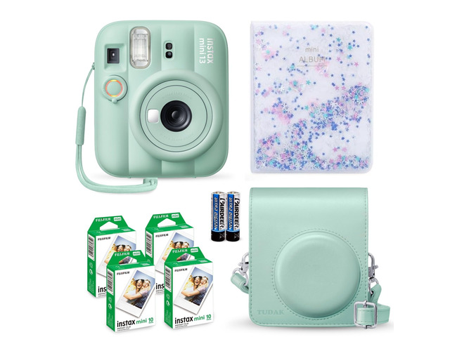 Instax Mini 13 Instant Camera Lagoon Green + Fuji Film Value Pack (40 Sheets) + Tudak Accessories Bundle, Incl. Compatible Carrying Case, Quicksand...