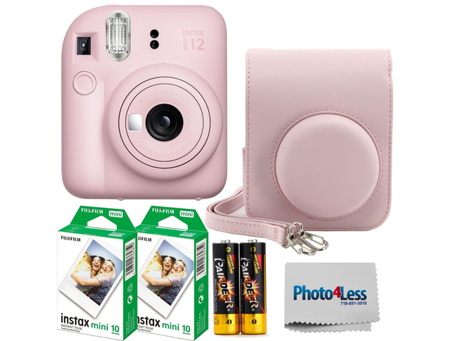 Instax Mini 12 Instant Film Camera Blossom Pink, Instax Mini Twin Pack Instant Film 20 Prints, Prtotective Case, Gift Bundle