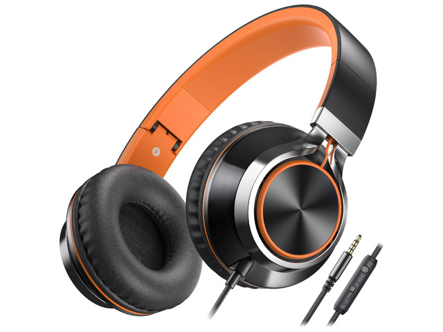 C8 Kids Wired Headphones with Mic for School, 3.5mm, Black Orange On Ear Headsets and Volume Control Foldable, Corded Computer Chromebook for Boys...