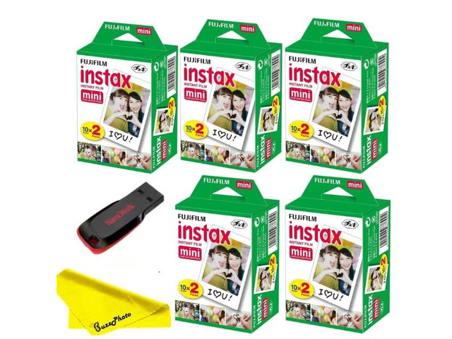 Instax Mini Instant Camera Film with Sandisk 32 GB USB Flash Drive + 5 x Mini Twin Packs (100 Sheets) and Buzz-Photo Microfiber Cleaning Cloth
