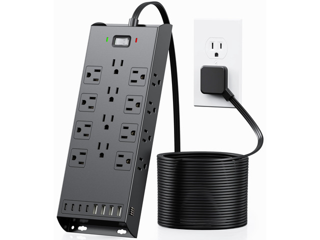 Surge Protector Power Strip 4800J, 10Ft Long Extension Cord Flat Plug, 20 Outlets 8 USB Ports(4 USB-C), Wall Mountable, Desk Charging Station, Black