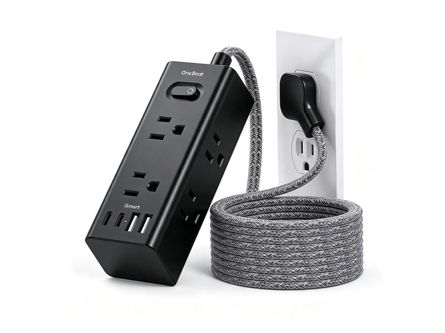 5 Ft Surge Protector Power Strip, Flat Plug Extension Cord, Black 6 Outlets 4 USB Ports (2 USB C), Wall Mount Small Power Strip for Travel Home...