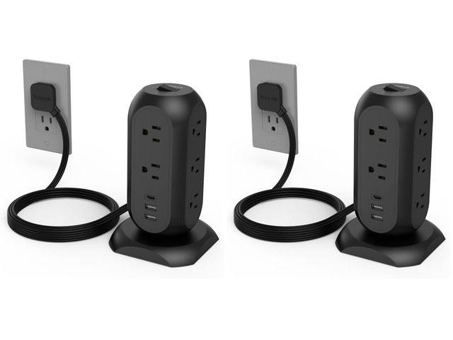Tower Power Strip Flat Plug with 1050J Surge Protection, 6 Ft, Black (Pack of 2)