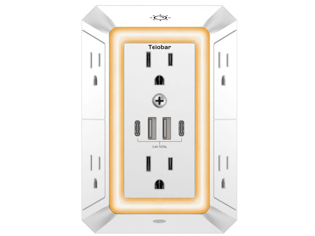 Multi Plug Wall Outlet Surge Protector with 6-Outlet & 4 USB Ports(2USB-C) 3-Sided Outlet Extender with Night Light, Outlet Splitter for Home...