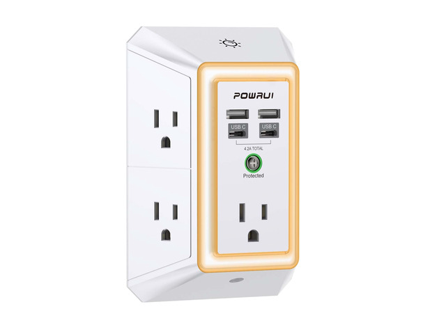 3-Sided Outlet Extender with Night Light - Multi Plug Outlet with 5 Outlets and 4 USB Ports(2 USB-C), USB Wall Charger for Home, Office, Travel,...