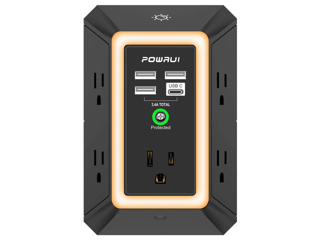 3-Sided Outlet Extender with Night Light - Multi Plug Wall Outlet with 5 Outlets and 4 USB Charging Ports(1 USB C), 1680J Power Strip for Home,...